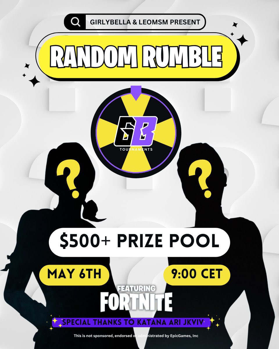🏆$500 Random Rumble🏆
✨Co-ed Duos✨

⏰  May 6TH
⚔️9:00 CET

📌To be chosen : (Invites only)
- Follow <a href="/iGirlyBella/">GirlyBella</a> <a href="/LeoMSM_/">LeoMSM_</a> 
- Like &amp; Retweet ♻️
- Reply with interest 💜
(No retweet = No invite)