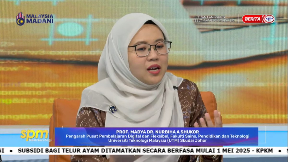 UTMCDex's tweet photo. #oneofourown

Teknologi Kecerdasan Buatan (AI) - Pendidikan era baharu masa kini RTM | 1 Mei 2025

Temu bual bersama Prof. Madya Dr. Nurbiha A Shukor, Pengarah Pusat Pembelajaran Digital dan Fleksibel, Fakulti Sains Pendidikan dan Teknologi Universiti Teknologi Malaysia (UTM) , https://t.co/wSC4frdTJf