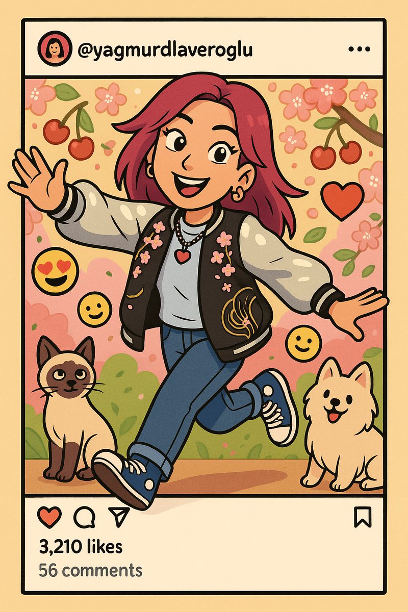 Yeni 🌸

Çizgi film tarzında, sıcak ve neşeli bir atmosferde görseldeki kadın karakter, Instagram gönderisinin içinden dışarıya doğru çıkıyormuş gibi enerjik bir pozda çizilmiş. Kadın karakter, görseldeki şekilde giyinmiş. Ayağında converse ayakkabılar bulunuyor.
Arka plan sakura