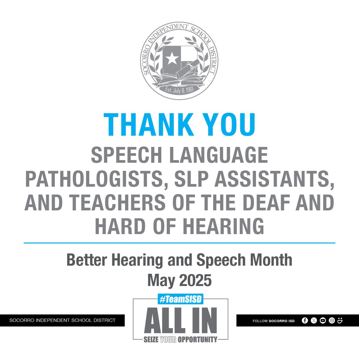 SocorroISD's tweet image. May is Better Hearing and Speech Month, and #TeamSISD is proud to celebrate the incredible professionals who support our students&apos; communication needs every day.  We extend our heartfelt appreciation to our dedicated speech-language pathologists, SLP assistants, and teachers of…