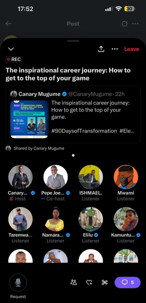 Ishmaelthehost's tweet photo. Speaking in today’s X Space, @pepejoeminambo shared how two life-changing books — ‘Tough Times Never Last, But Tough People Do’ and ‘Success is Never Ending, Failure is Never Final’— shaped his mindset.
#90DaysofTransformation #ElevatorYourCareer https://t.co/6GHugIh4wm