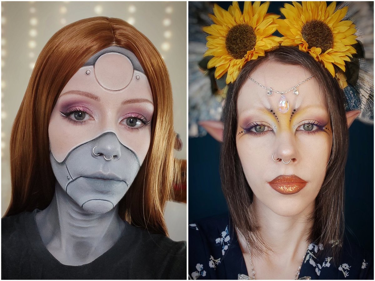 Some facepaints for stream  from this week so far, an android and a fairy. LOVE my new fairy headdress, I want to create interchangeable centre pieces for it to fit different themes
#Cosplay #Makeup #Facepaint #Android #Robot #Fairy #Pixie