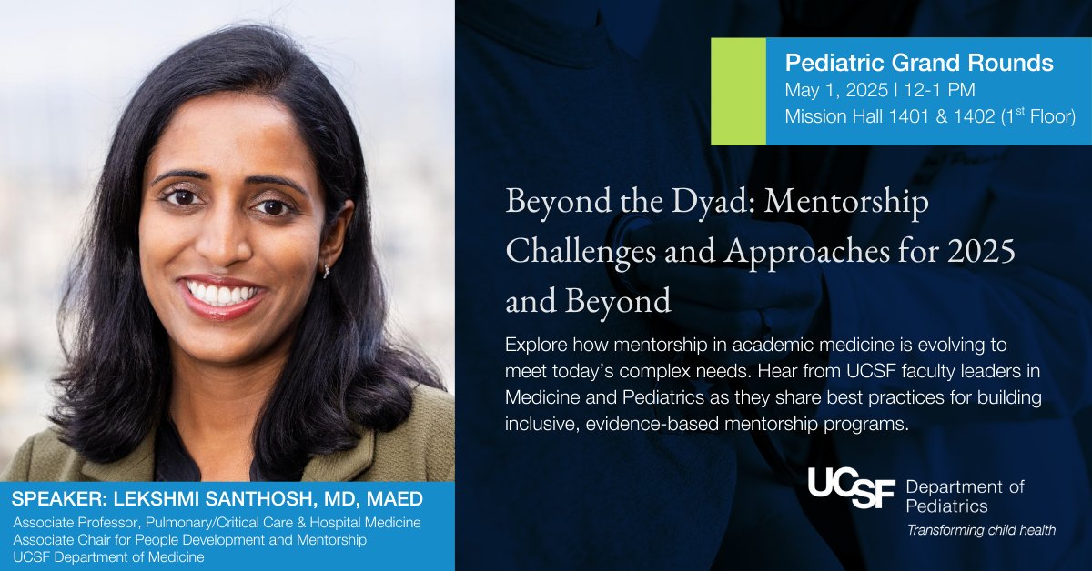 UCSF Pediatrics (@ucsfpediatrics) on Twitter photo Join us today at 12 PM for Grand Rounds with Dr. Santhosh as she leads a forward-thinking conversation on mentorship in academic medicine, joined by faculty leaders from Pediatrics and Medicine. Attend in person at Mission Hall 1401 & 1402 or via Zoom: bit.ly/4h2O8bR Join us today at 12 PM for Grand Rounds with Dr. Santhosh as she leads a forward-thinking conversation on mentorship in academic medicine, joined by faculty leaders from Pediatrics and Medicine. Attend in person at Mission Hall 1401 & 1402 or via Zoom: bit.ly/4h2O8bR