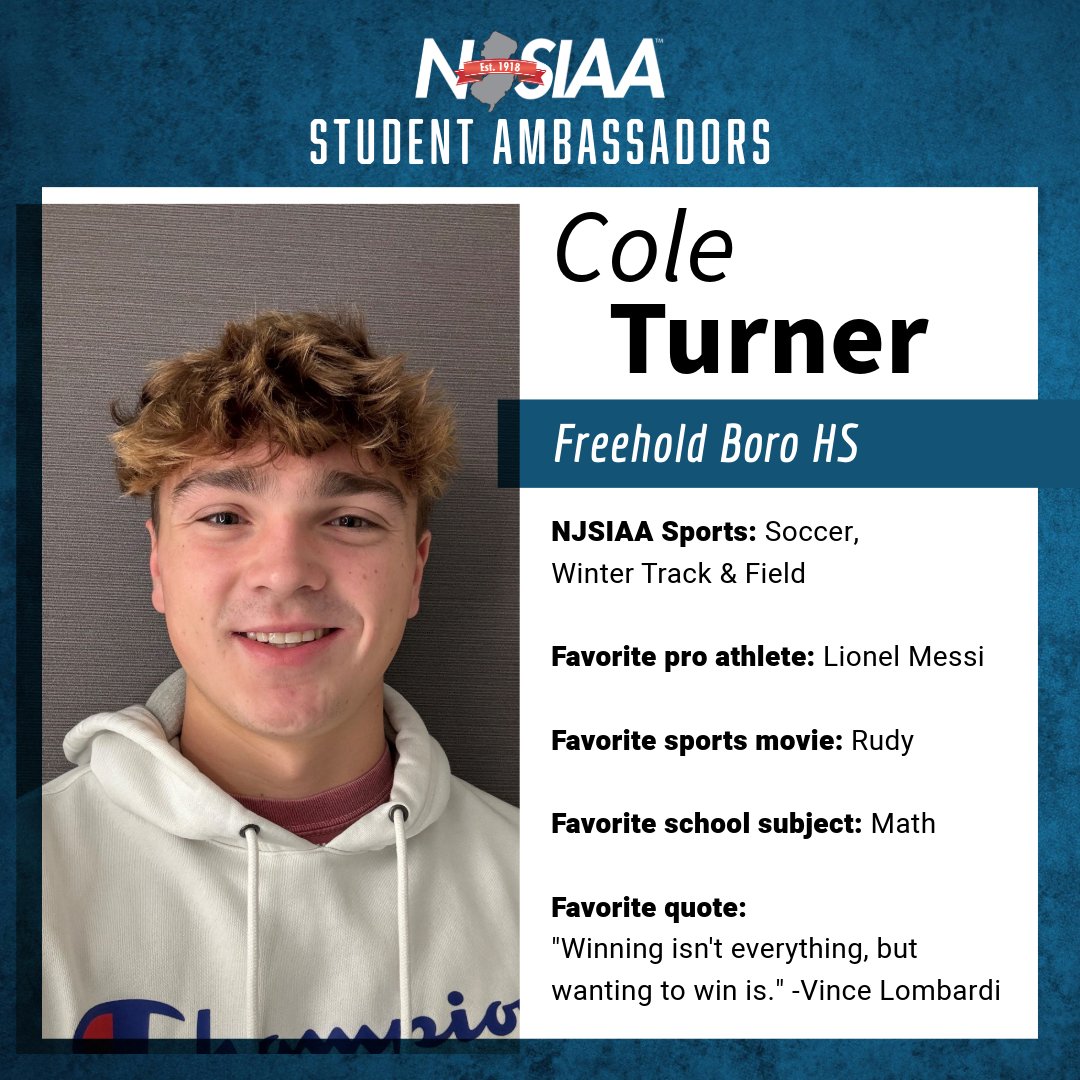 NJSIAA (@njsiaa) on Twitter photo NJSIAA is excited to welcome its new class of Student Ambassadors. Get to know a little bit about Student Ambassador, Cole Turner. NJSIAA is happy to have you on board! <a href="/FBHSathletics/">Freehold Athletics</a> NJSIAA is excited to welcome its new class of Student Ambassadors. Get to know a little bit about Student Ambassador, Cole Turner. NJSIAA is happy to have you on board! <a href="/FBHSathletics/">Freehold Athletics</a>