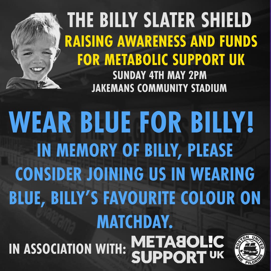🩵🩵 On Sunday 4th May at 2pm, there will be a special 'Billy Slater Shield' charity match hosted at the Jakemans Community Stadium to help raise awareness and funds for Metabolic Support UK. Every single penny raised will go directly to the charity 🩵🩵 
Good luck to the teams
