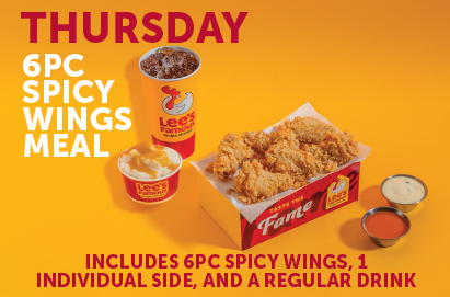 LeesMiamiValley's tweet image. Thursday is now Spicy Wing Day!!
Stop by today (and every Thursday) until 4PM to grab your 6 PC Spicy Wings Meal for only $6.99!