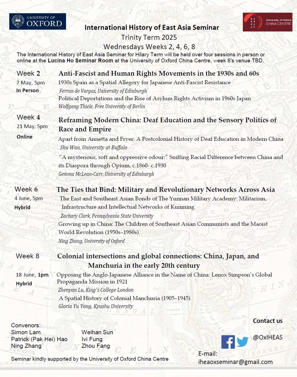Our term card for Trinity Term 2025 is here! If you're interested in Asian history, come join us at our sessions in the Lucina Ho Room at the Oxford China Centre or online during the coming term!