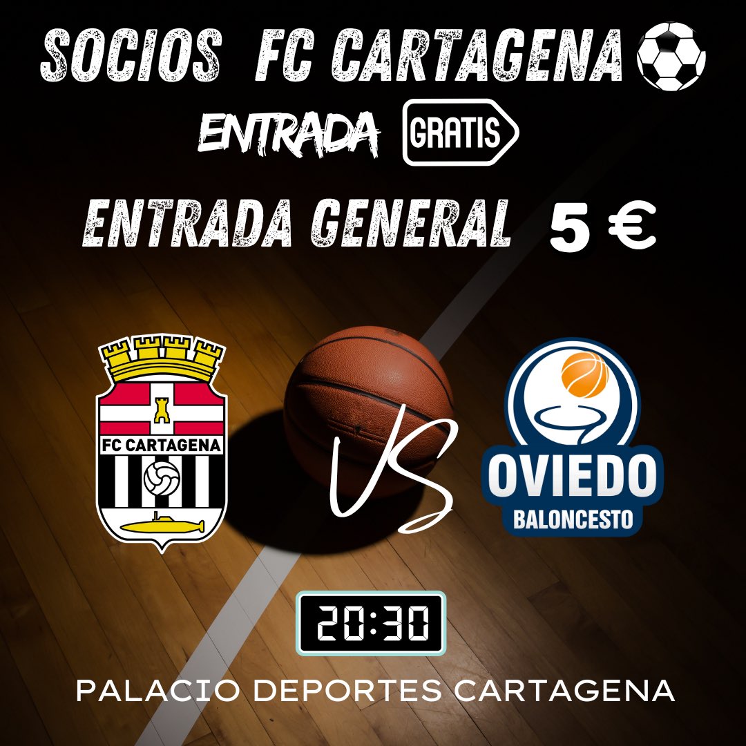 ⌚️¡ LLENEMOS EL PALACIO !

🙌🏼 Ultimo partido de liga en casa con un bonito objetivo ! PLAYOFF LIGA ACB

🗓️ Sábado 3 Mayo 
⌚️ 20:30
🏟️ Palacio deportes Cartagena 
🆚 <a href="/oviedocb/">Alimerka Oviedo Baloncesto</a> 
🎟️ Entrada general 5€ fccartagenacb.compralaentrada.com/eventos/

#VamosCebé 🤍🖤 #PrimeraFEB