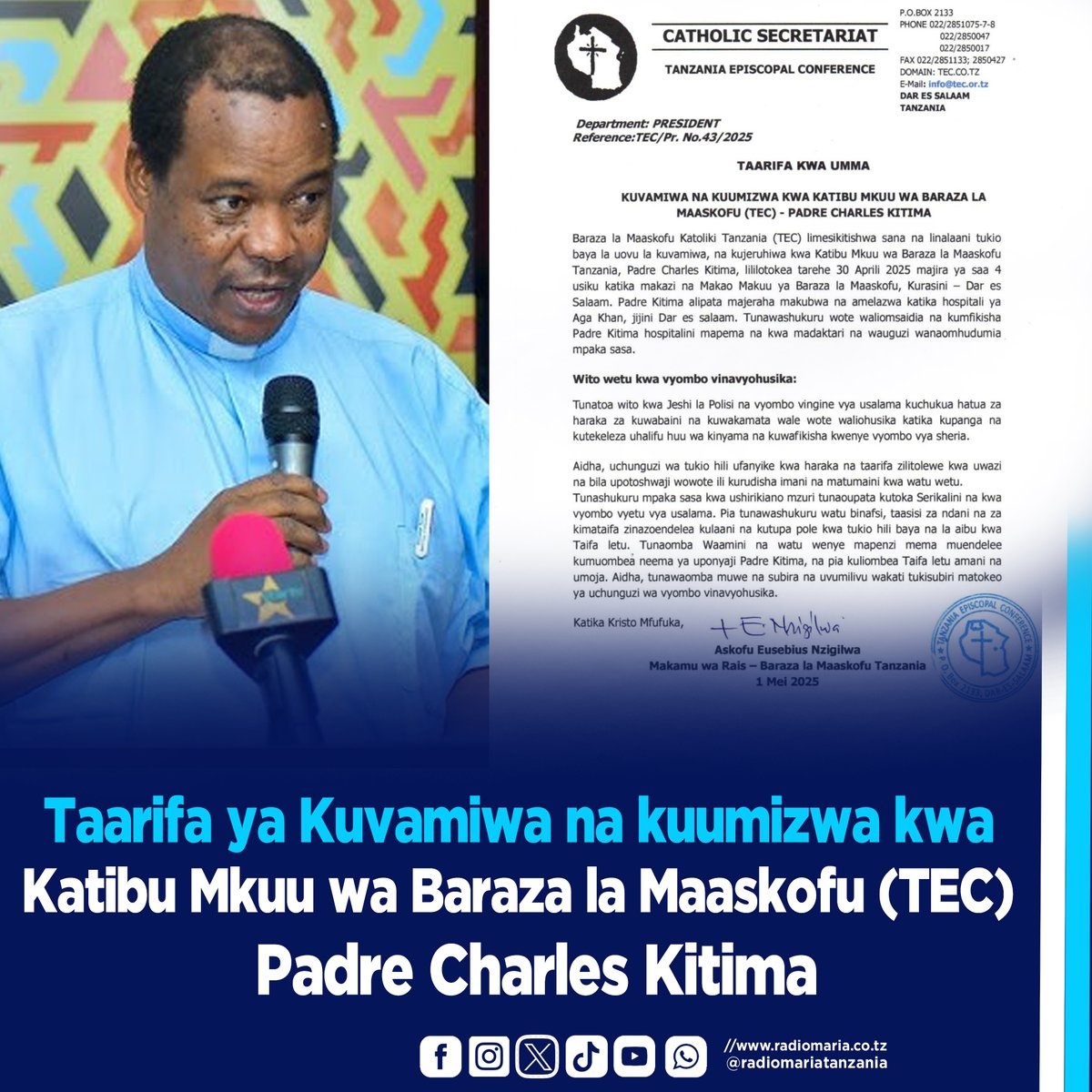 Baraza la Maaskofu Katoliki Tanzania (TEC) limetoa taarifa rasmi ya kuvamiwa na kuumizwa kwa Katibu Mkuu wa Baraza hilo, Padre Padre Charles Kitima, jana Aprili 30, 2025.

Baraza, limewaomba waamini waendelee, kuombea taifa amani na kumwombea afya njema Padre Charles Kitima,