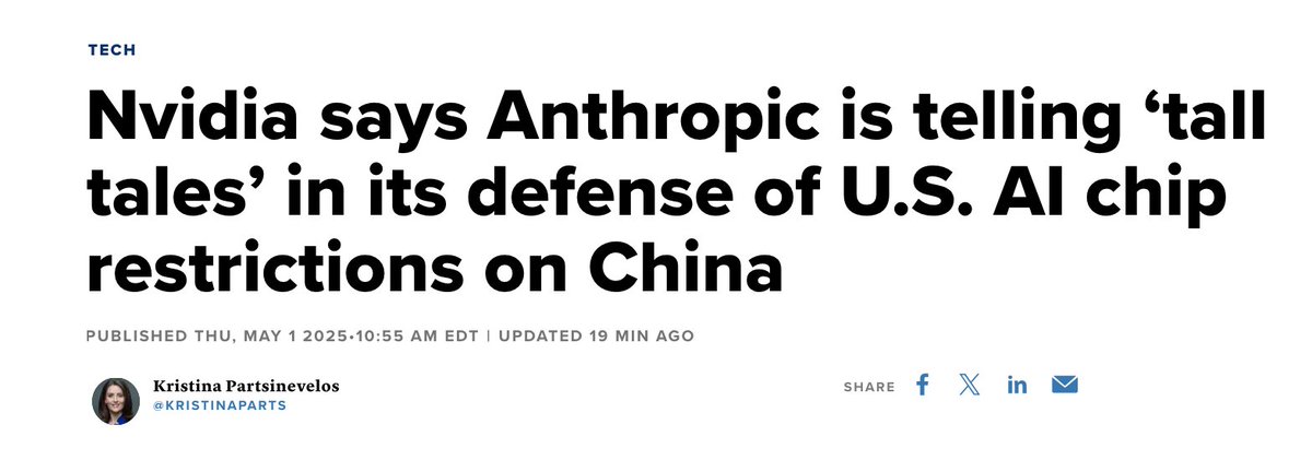 Report: Nvidia blasted Anthropic Thursday in a rare public clash over AI policy with U.S. chip export restrictions set to take effect.

“American firms should focus on innovation and rise to the challenge,  rather than tell tall tales that large, heavy, and sensitive electronics