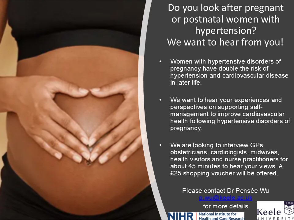 ProfKateDunn's tweet photo. Do you look after pregnant or postnatal women with hypertension? Dr Pensée Wu wants to hear from you! @PenseeWu https://t.co/dQAJEUyySW