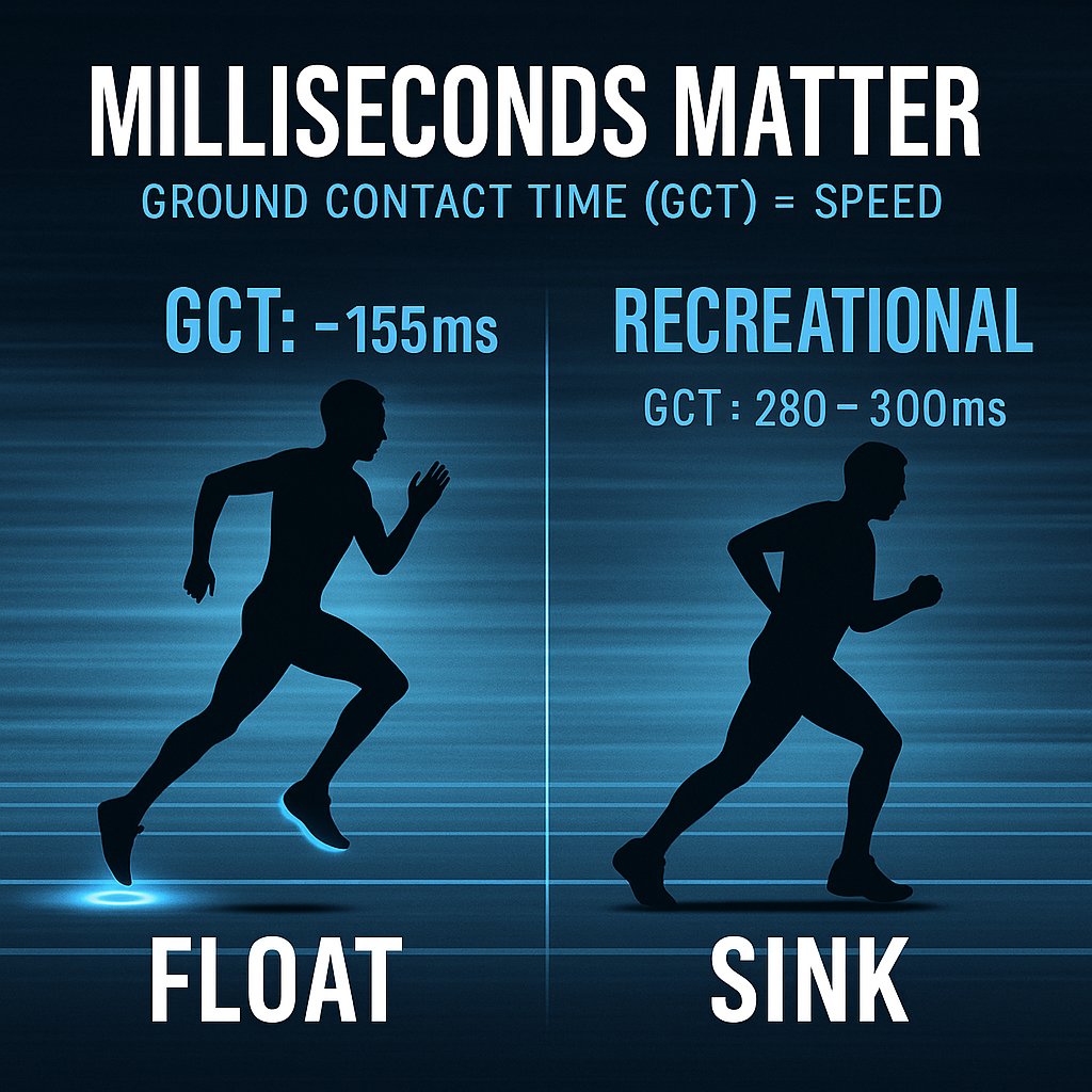 FerasAlhammoud's tweet photo. Ever wonder why elite runners look like they float? It’s all about Ground Contact Time (GCT)—the time your foot stays on the ground. Elite: ~155ms. Recreational: ~280–300ms. Shave milliseconds, gain speed. Let’s break it down. 🧵 
#RunningTips
#trialtactics https://t.co/wBphwbQesw