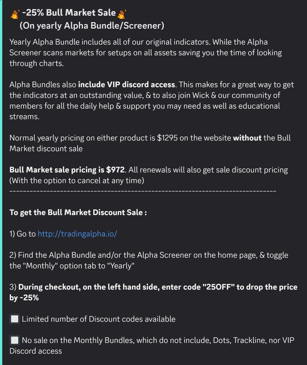 ZeroHedge_'s tweet image. 🔥BULL MARKET -25% OFF SALE

We normally only do -25% on Black Fridays

Sale will be on yearly Alpha Bundle Indicators &amp;amp;/or Screener 🟢🟢🟢

If your get the Alpha Bundle make sure to join our Discord as VIP access is included!

Discount Code = '25OFF'
Details below 👇