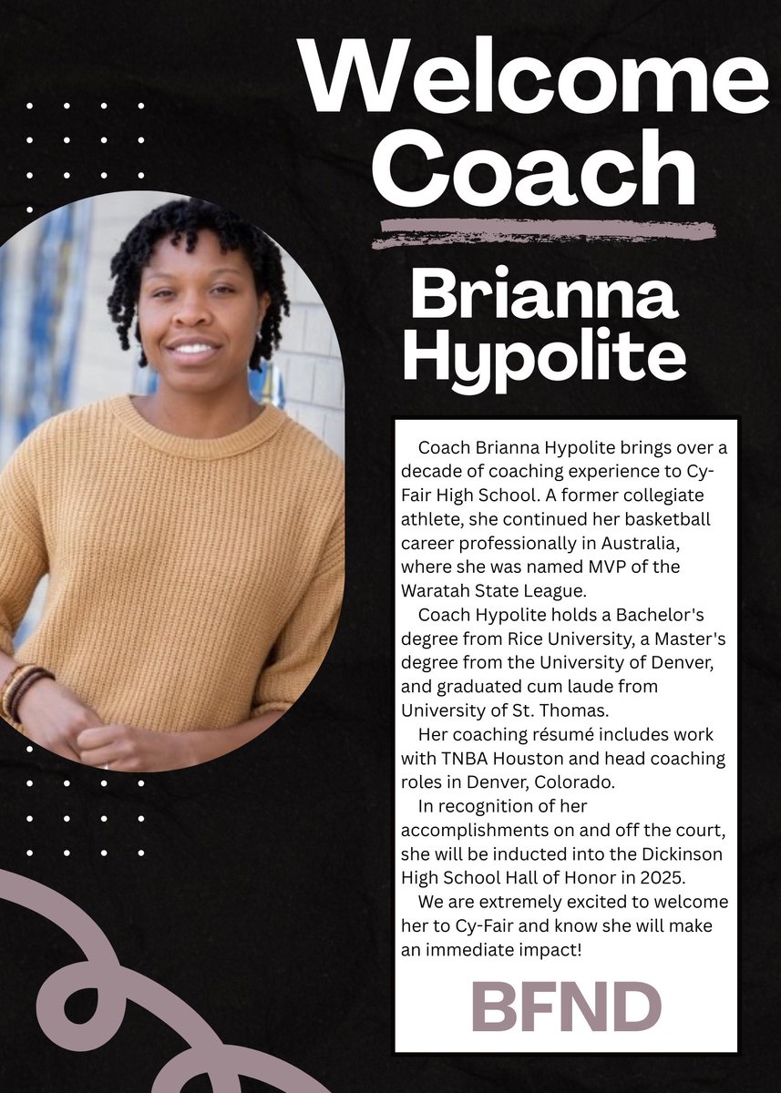 We are beyond excited to announce our new junior varsity girls basketball coach to Cy-Fair!! Welcome Coach Hypolite!! #bfnd