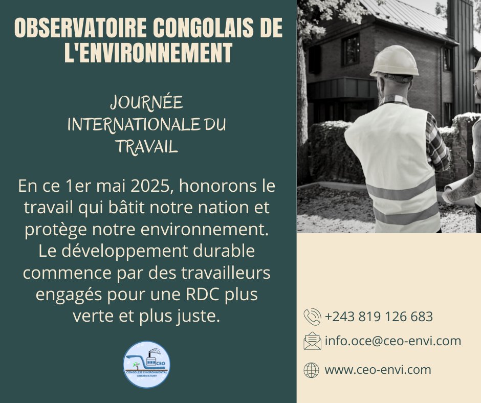 CongolaisOce's tweet photo. En ce 1er mai 2025, honorons le travail qui bâtit notre nation et protège notre environnement. Le développement durable commence par des travailleurs engagés pour une RDC plus verte et plus juste. 
https://t.co/A4KxBNv0Ds https://t.co/LyvdMUbH9J