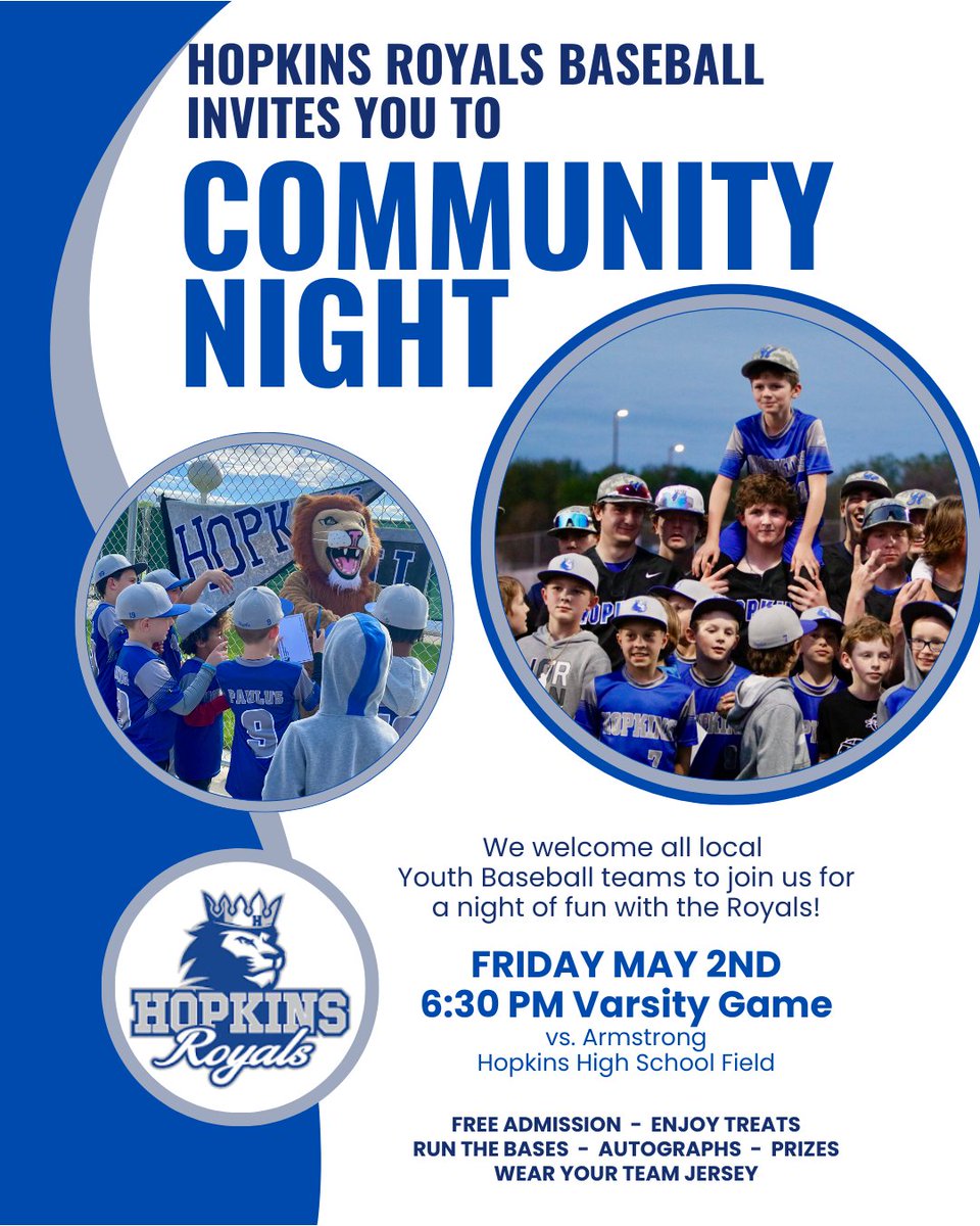 Join us for our second Community Night as we rally behind the Hopkins Varsity baseball team when they take on Armstrong High School.