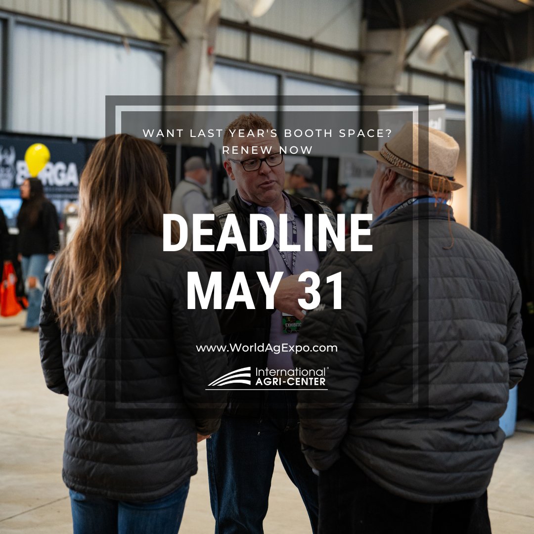 📣 Exhibitors: Don’t Miss the Deadline!

Want to keep your current exhibit space for World Ag Expo 2026?
⏳ Renew by May 31 to lock it in!

🔗 Link to renew: bit.ly/WAE2026BoothRe…, or visit worldagexpo.com.