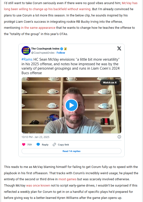 RyanJ_Heath's tweet image. > Sean McVay's players become fantasy league-winners at exceptionally high rates
> His philosophy/teaching methods have evolved after what he saw Liam Coen do with Bucky Irving last year
I made this pro argument for Blake Corum, but it applies equally to Jarquez Hunter.
Both…