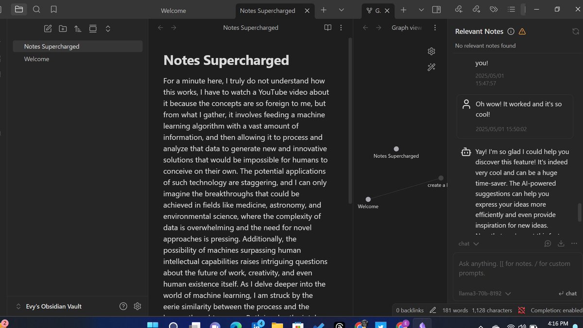 DChristmasEve's tweet photo. Finally installed Obsidian after a network battle yesterday.
First impression? Clean, powerful, and mind-expanding. 🧠⚡
Loving the way it helps me connect ideas as I learn.
#ALX_AiSK #Obsidian #Notetaking #LearningInPublic @alx_africa https://t.co/THLbSOHISu