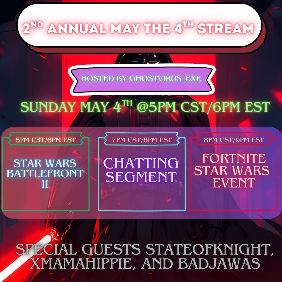 StateofKnight (@stateofknight) on Twitter photo May the Fourth be with YOU! We will be discussing STAR WARS and taking questions starting at 8pm est. ghostvirus_exe <a href="/XMamaHippie/">XMamaHippie</a> <a href="/BadJawas/">Bad Jawas 🎀</a> #MayThe4thBeWithYou #Fortnite #FortniteGalacticBattle #TwitchStreamers May the Fourth be with YOU! We will be discussing STAR WARS and taking questions starting at 8pm est. ghostvirus_exe <a href="/XMamaHippie/">XMamaHippie</a> <a href="/BadJawas/">Bad Jawas 🎀</a> #MayThe4thBeWithYou #Fortnite #FortniteGalacticBattle #TwitchStreamers