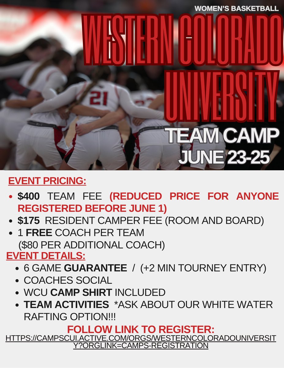 Team Camp….. Sign up today!!! 🗣️🗣️🗣️

Reduced price for teams registered before June 1st…. Follow the link below and get signed up TODAY!!!! 🧑‍💻👩‍💻👨‍💻

campscui.active.com/orgs/WesternCo… 

We can’t wait to see you this summer in Gunnison!!!!! #WE