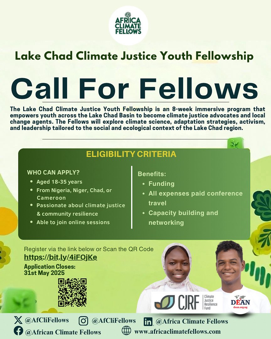 Are you 18–35 from Nigeria, Niger, Chad, or Cameroon?

Join the Lake Chad Climate Justice Youth Fellowship an 8 week virtual journey to become a climate justice advocate.

Funding|Training|Global Exposure

Apply: bit.ly/4iFOjKe
Deadline: May 31

#AfCliFellows #climate