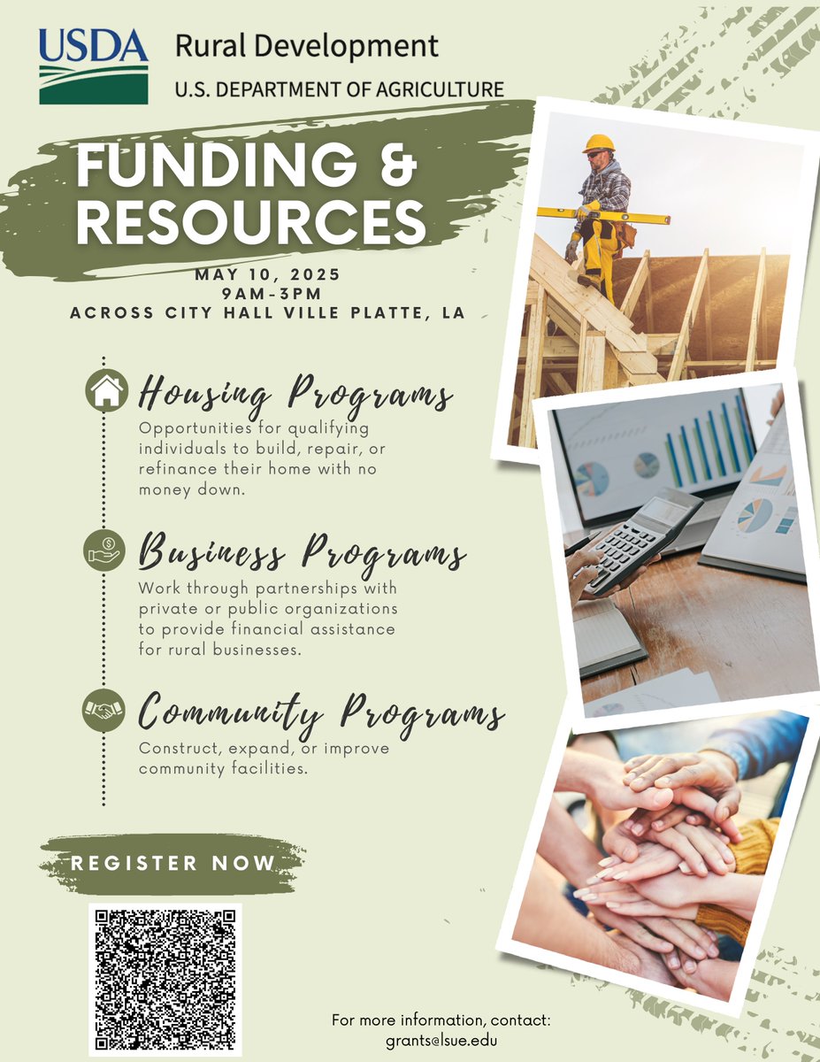 LSUEunice's tweet image. Join us in Ville Platte on Saturday, May 10 for a free seminar on funding and resource solutions through the U.S. Department of Agriculture Rural Development. See the link below for full details and how you can RSVP.
lsue.edu/mediacenter/20…