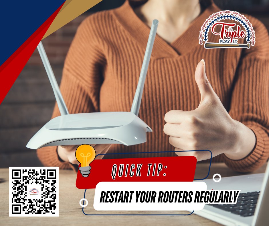 TriplePlayIT's tweet image. 💡 Quick Tip: Restart your routers regularly.
Just like your phone, networks need a little refresh to stay quick and clean!
📞 For bigger upgrades, call Triple Play I.T.! (469) 998-2240.
#NetworkTips #BetterBusiness #TriplePlayIT