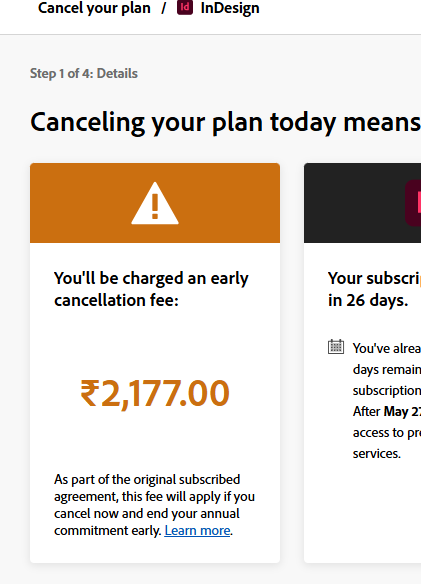 nsashi's tweet photo. @Adobe Nobody does this for cancelling the subscription. As a first-time subscriber, this rule was not clearly shown when I subscribed. It might have been in tiny terms and conditions, and it's my fault for not reading it! Users beware, this is daylight robbery. If you cancel after 14 days, there is a 50% cancellation fee on the remaining months' charges. Its unfair.