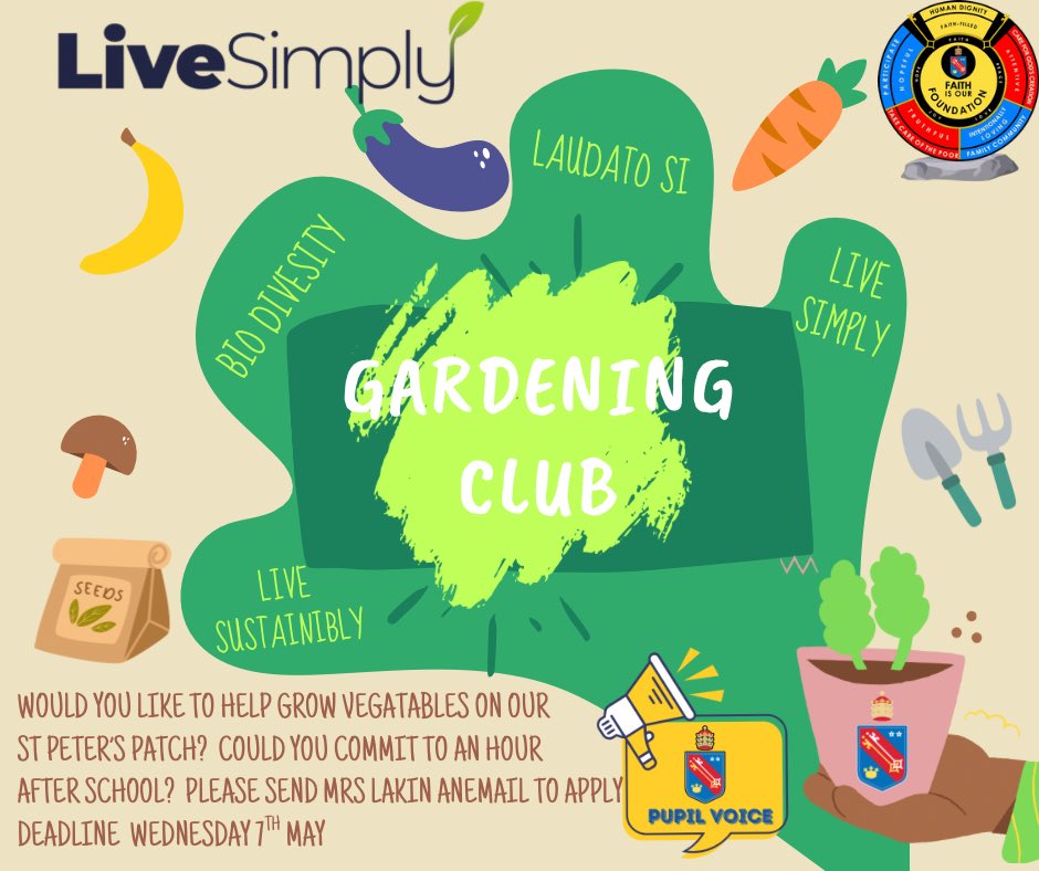 Pupilvoice@StPeters (@pupilvoicestp) on Twitter photo We are starting our very own St Peter’s Patch. We are 👀 for budding gardeners who would like to join our gardening club. Check your emails for more details. <a href="/CAFODSchools/">CAFOD Schools</a> #livesimplyaward #livesustainibly #stewardship #faithisourfoundation We are starting our very own St Peter’s Patch. We are 👀 for budding gardeners who would like to join our gardening club. Check your emails for more details. <a href="/CAFODSchools/">CAFOD Schools</a> #livesimplyaward #livesustainibly #stewardship #faithisourfoundation