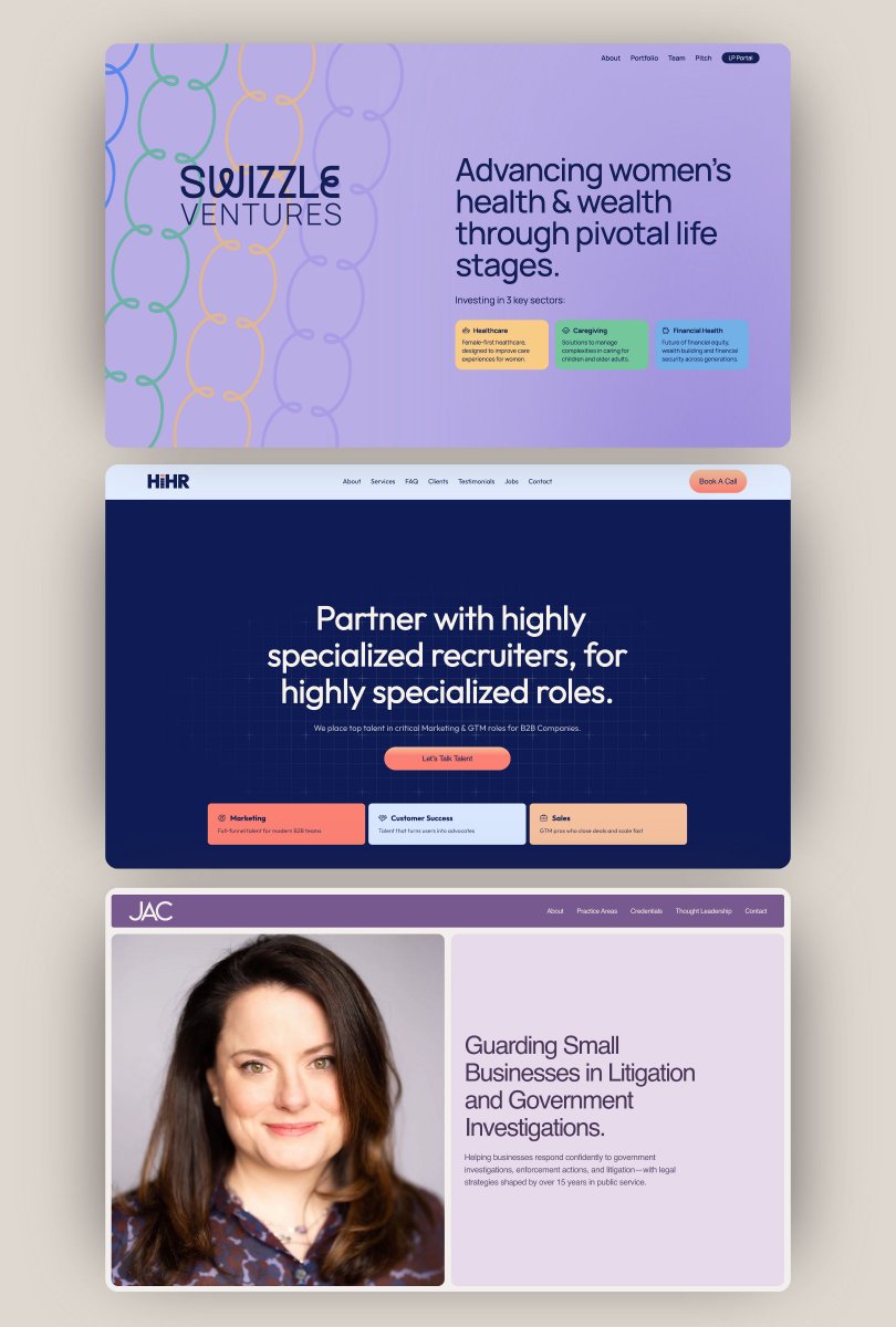 3 one-pagers. 3 platforms. I handled the branding, design, build + launch for each:

🟦 swizzleventures.io – Webflow
🟪 hihr.io – Framer
🟨 lawofficejac.com – Ycode

Here’s what stood out for me on each platform (🧵)