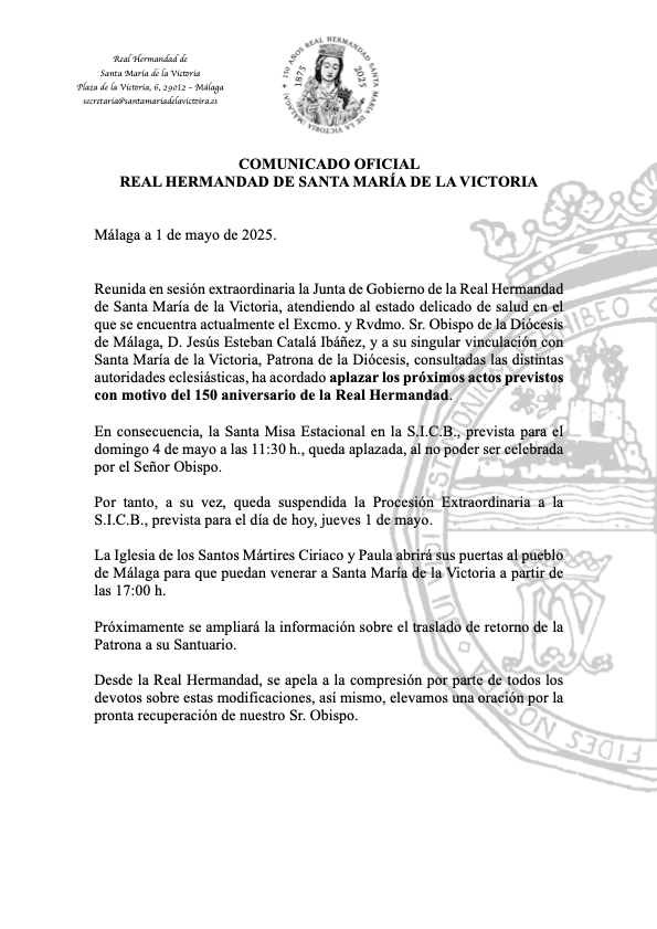 Comunicado sobre el aplazamiento de los actos del 150º aniversario #CofradíasMLG