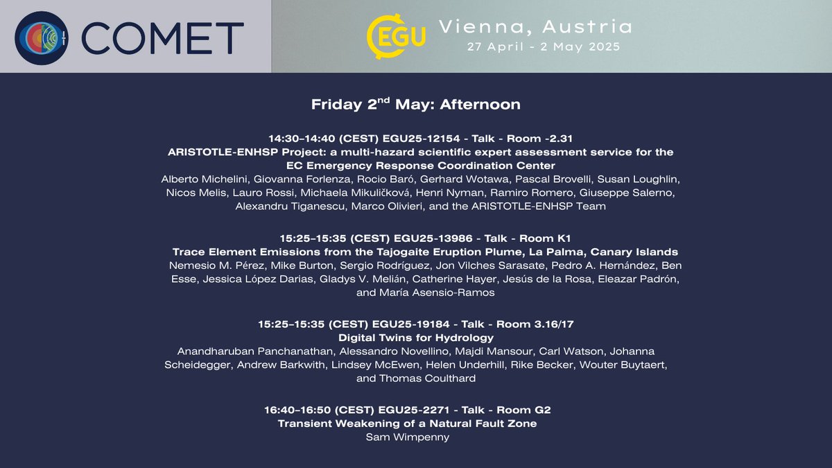 It's day 5 at @eurogeosciences (EGU) 2025 and the @comet_nerc_uk has another exciting day ahead! Afternoon schedule below:

You can check out the full #EGU25 programme on the EGU website egu25.eu