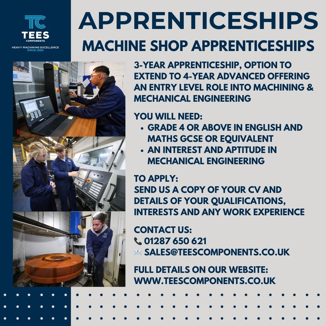 TeesComponents's tweet image. CLOSING 23RD MAY 2025  

For full details, visit our website: teescomponents.co.uk/careers/vacanc…

Why choose Tees Components? Head over to our YouTube channel to find out more: youtu.be/dxjNbVlX7jA?si…

#teescomponents #apprenticeship #engineeringapprenticeship #machiningapprenticeship
[4/4]