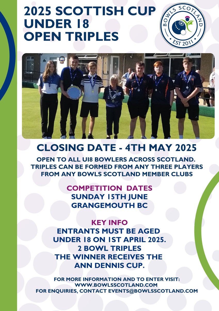 🥇 Competition entries are open for this year’s Under 16 Open Pairs and Scottish Cup Under 18 Open Triples.
 
ℹ️ For more information or to enter, please visit: bowlsscotland.com/competitions/n…
 
📧 Contact events@bowlsscotland.com if you have any enquiries.