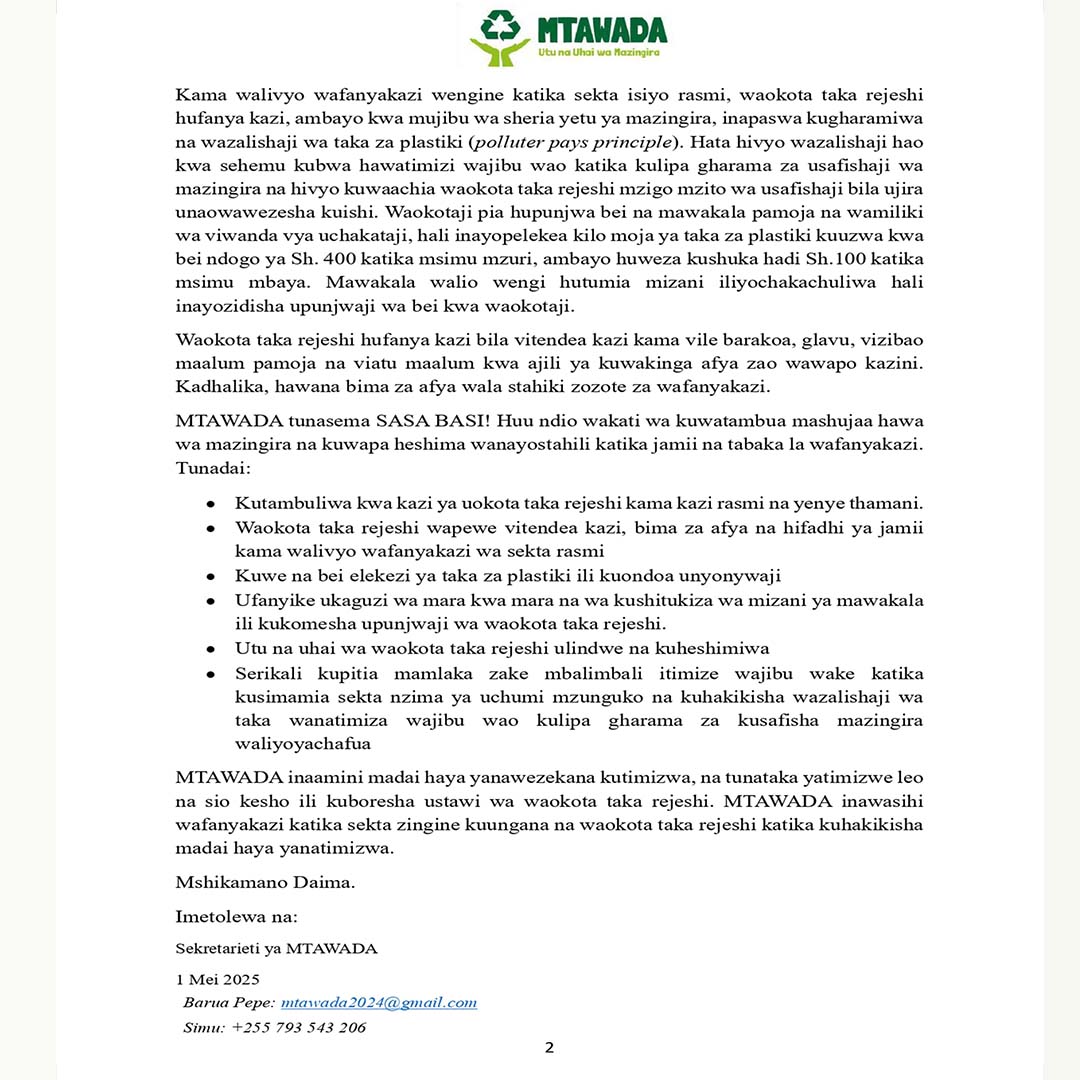 Je, tunatambua mashujaa wa kweli wa mazingira yetu?
Katika Maadhimisho ya Siku ya Wafanyakazi Duniani #meimosi2025 <a href="/Mtawada_tz/">MTAWADA</a> tunatoa #TAMKORASMI kuhusu Hali na Madai ya Haki za Waokota Taka Rejeshi 🇹🇿👇👇👇👇
#meimosi2025 
#SisiniMashujaawaMazingira 
#TakaRejeshiniAjira