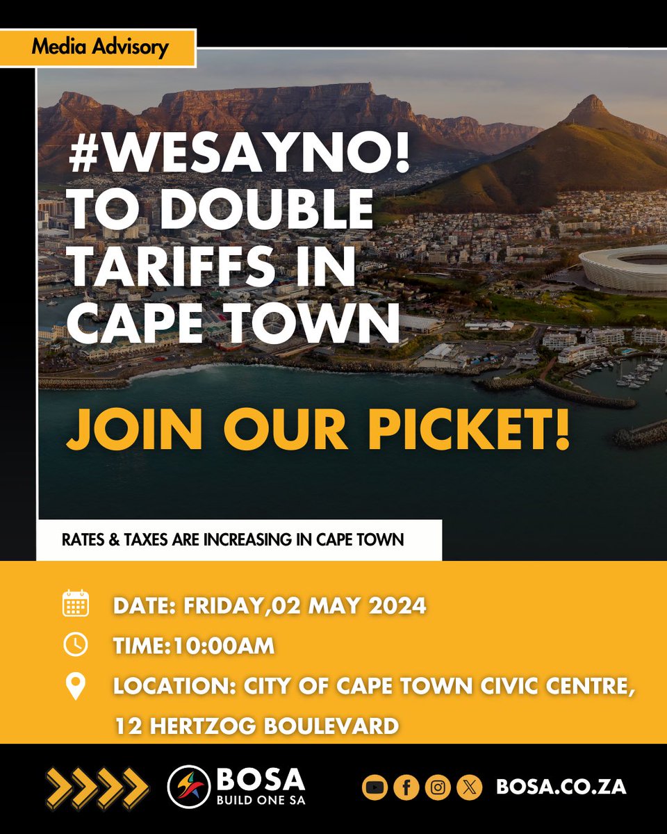 [Media Advisory] BOSA to picket outside City of Cape Town offices and hand over formal submission rejecting sky-high
tariff increases

<a href="/BuildOneSA_WC/">BOSA Western Cape</a> 

#BuildOneSA