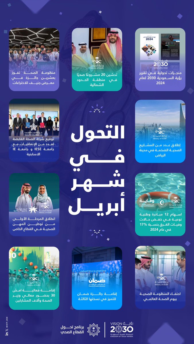 #التحول_في_شهر إبريل..
خطوات هامة، وجهود حثيثة نحو قطاعٍ صحي فعال وشامل، ومجتمعٍ حيوي ينعم بالصحة.
#رؤية_السعودية_2030