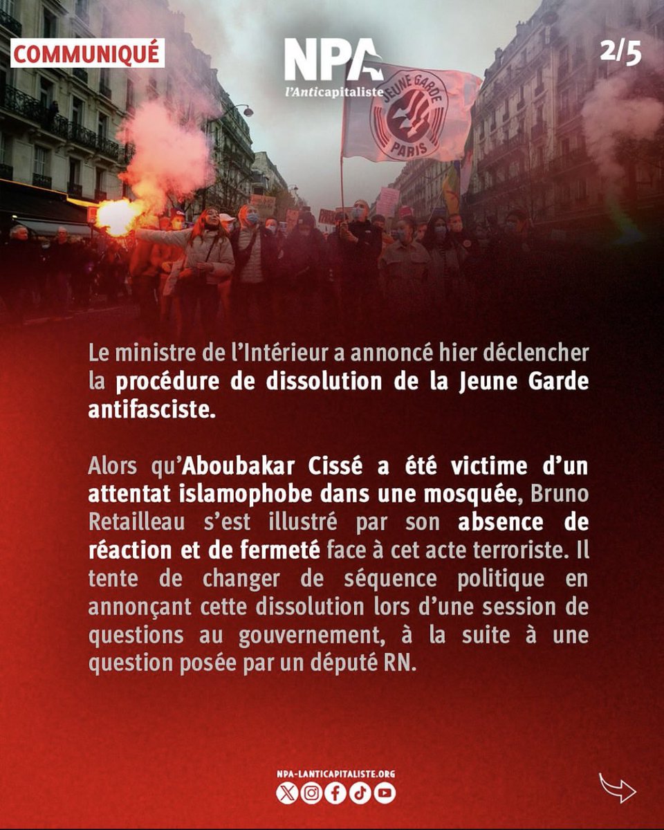NPA_antica's tweet photo. Alors qu’Aboubakar Cissé a été victime d’un attentat islamophobe dans une mosquée, Bruno Retailleau s’est illustré par son absence de réaction et de fermeté face à cet acte terroriste. Il tente de changer de séquence politique en annonçant cette dissolution.
2/5 https://t.co/ZZYaTm7OUB