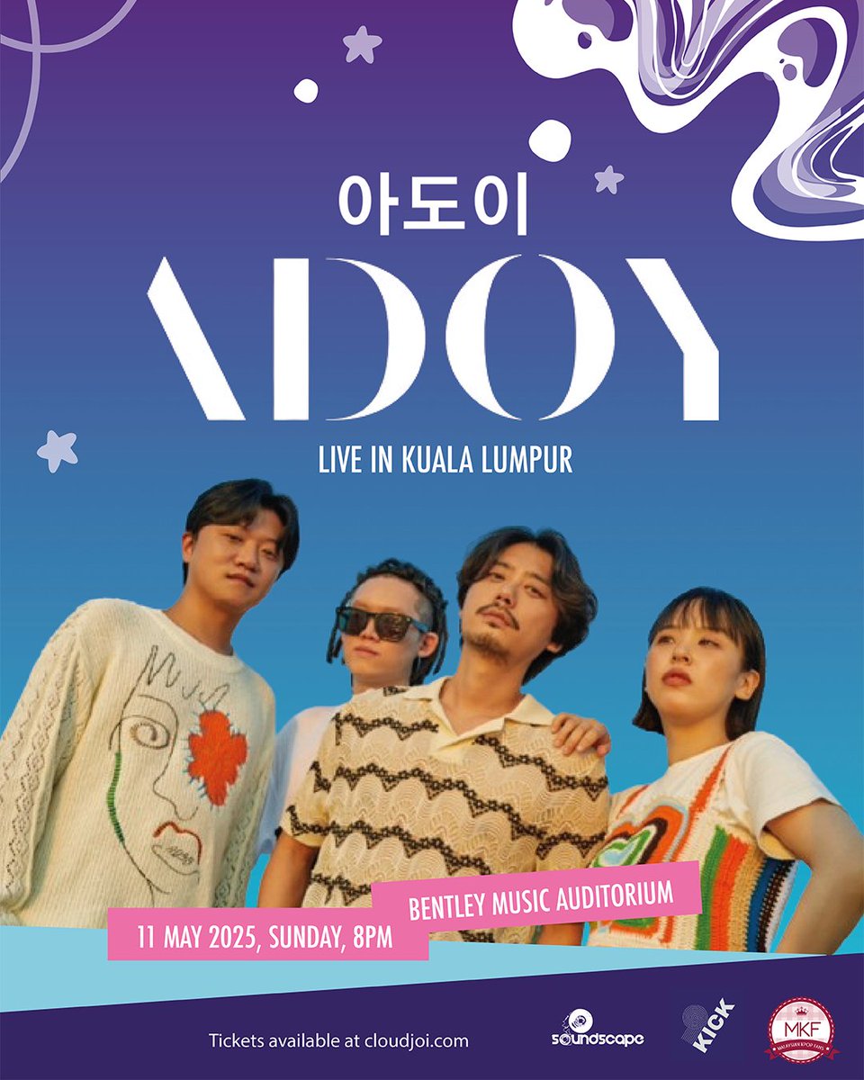 [EVENT] ADOY live in Malaysia 2025 by <a href="/SoundscapeMY/">SoundscapeMY</a>

Korean indie band, <a href="/adoyband/">ADOY</a>
is coming to Malaysia! 🇲🇾

📅: 11 May 2025 (Sunday)
🕗: 8PM
📍: Bentley Music Auditorium
🎟️: cloudjoi.com/shows/3112-ado…

#ADOY #아도이 #ADOYinMY