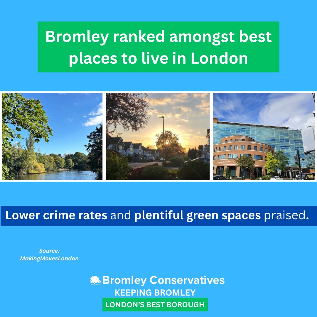 It’s fantastic that yet another survey has ranked Bromley amongst the best places to live in London!🤩

We’re proud of our numerous green spaces and lower crime rates - and will do all we can to preserve Bromley’s special character.