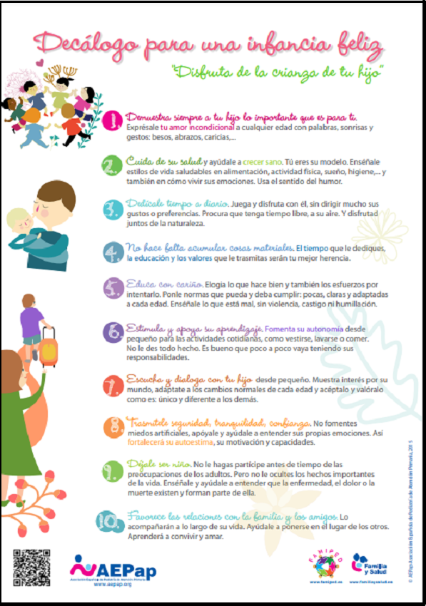 DECÁLOGO PARA UNA INFANCIA FELIZ
La AEPap defiende en este decálogo que los niños crezcan en ambientes saludables física y emocionalmente
Descarga el PDF en español: tinyurl.com/ys7eo2xm
Puedes descargar el PDF en catalán, gallego y euskera
En: tinyurl.com/ymctvneu