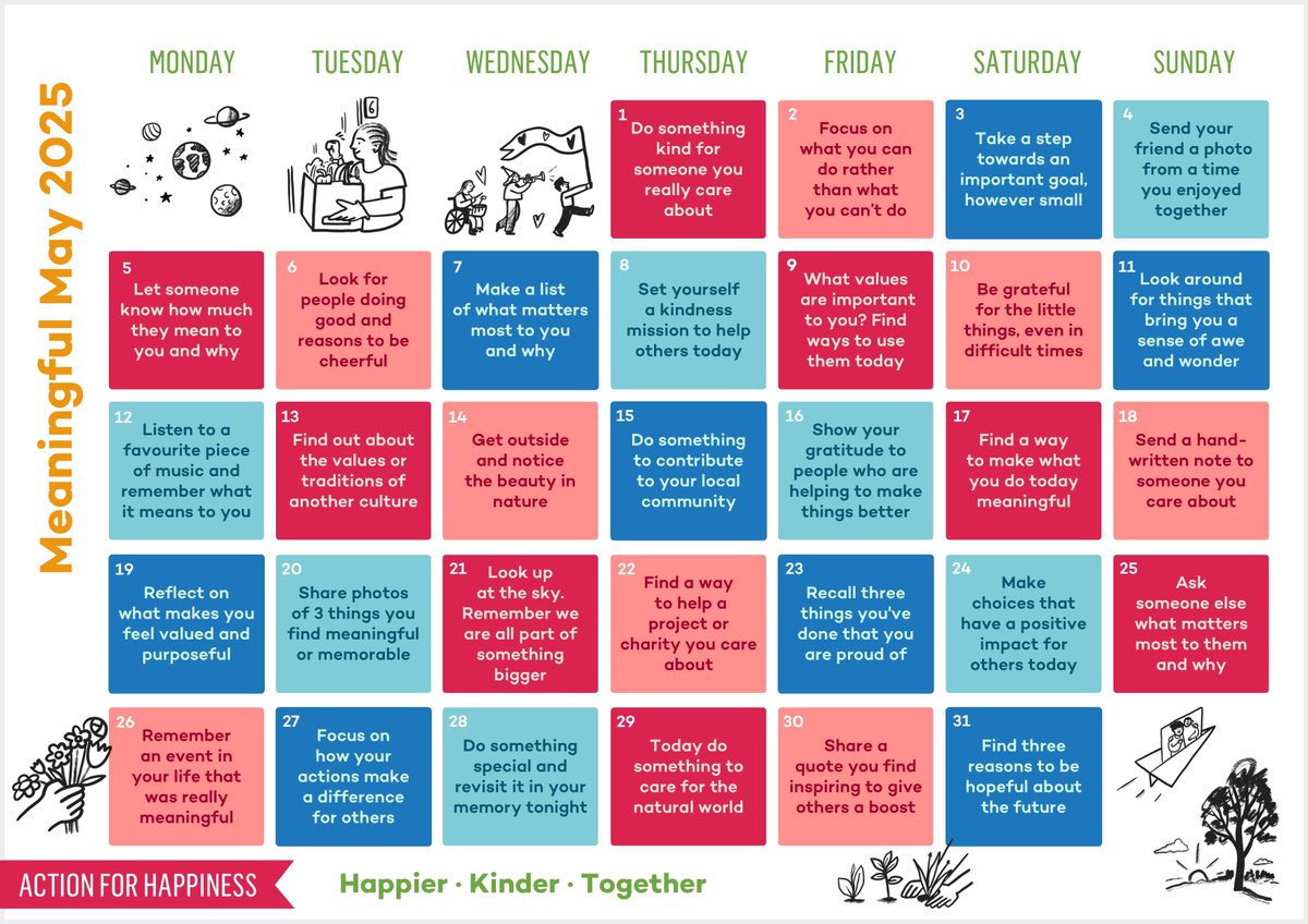 🧠🌱 It's #MeaningfulMay!

Every day this month, try a small action to bring more purpose &amp; connection into your life 💛

From kindness to reflection, these daily steps boost wellbeing for YOU &amp; the world 🌍✨

Save this 📅 &amp; let’s do it together!

#MentalHealth #Happiness