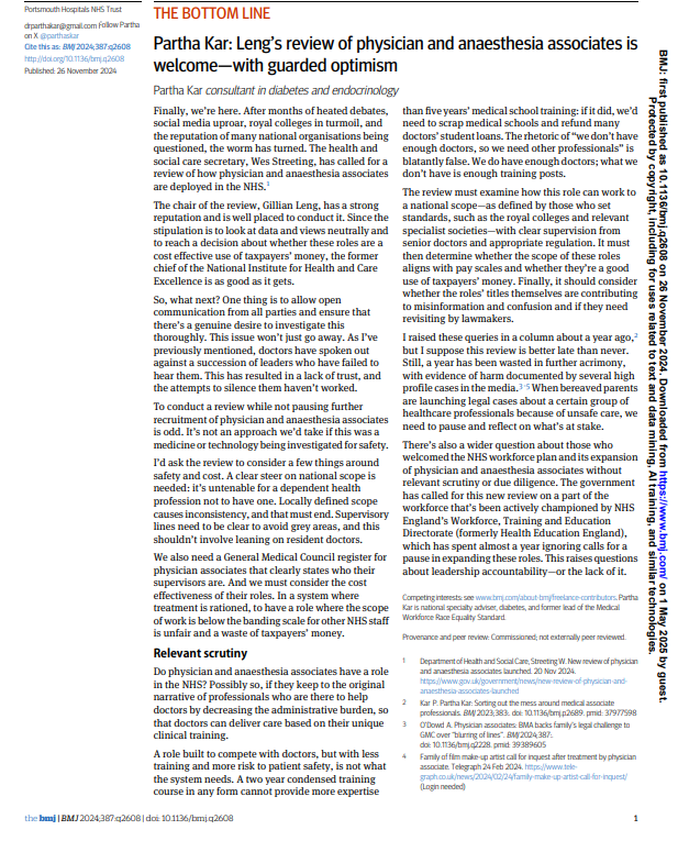 parthaskar's tweet photo. There is a lot of discussion whether @lengreview is already 'fixed'
I continue to keep my guarded optimism knowing the individual concerned leading this- we shall see.
"Thereโs also a wider question about those who welcomed the #NHSworkforceplan and its expansion of PA/AA without relevant scrutiny or due diligence"
And the utter lack of accountability on that in @NHSE_WTE - the sheer embarrassment of having national reviews should make relevant leaders resign.
Via @bmj_latest
https://t.co/PKw75V341f