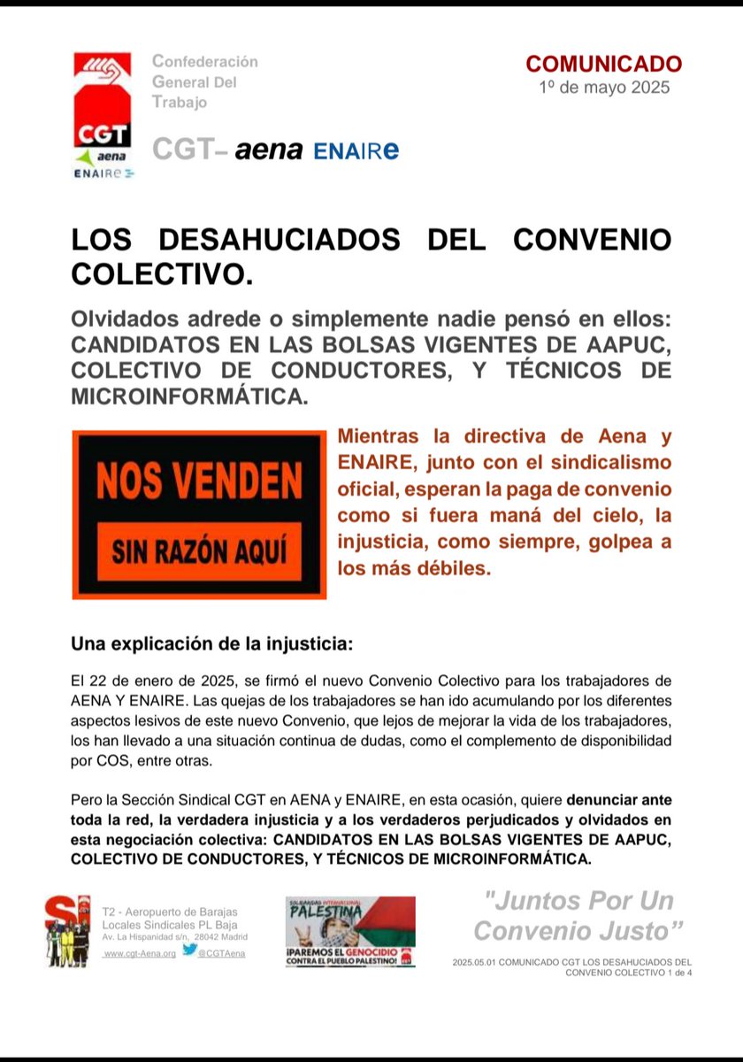 LOS DESAHUCIADOS DEL CONVENIO COLECTIVO 
<a href="/aena/">Aena</a> <a href="/ENAIRE/">ENAIRE</a>

Olvidados adrede o simplemente nadie pensó en ellos: CANDIDATOS EN LAS BOLSAS VIGENTES DE AAPUC, COLECTIVO DE CONDUCTORES, Y TÉCNICOS DE MICROINFORMÁTICA.
👇
t.me/CGTAenaEnaire/…
✊
<a href="/CGT/">CGT</a> @CgtFetap #1DeMayo #1DeMayo2025