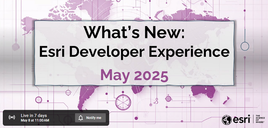 GIS_Bandit's tweet image. In 1 week, @Esri webinar: What's New: #Esri #Developer Experience (May 2025) tinyurl.com/3s2d8utp 

#geodev #esridev #GIS #arcgis #GISChat #geospatial #mapping @EsriDevs @EsriDevEvents @EsriPartners @EsriStartups