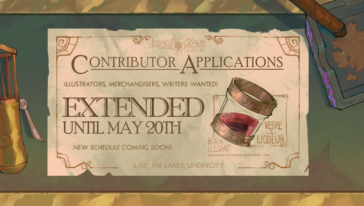 Contributor applications for Legacy of Zaun: A Vanco Zine have been EXTENDED until May 20th, 2025! We’re still looking for page artists, merch designers, and writers, so if you're a Zaundads creator, we'd love to see what you've got!

Links below! 🧵✨⬇

#arcane #zaundads #vanco