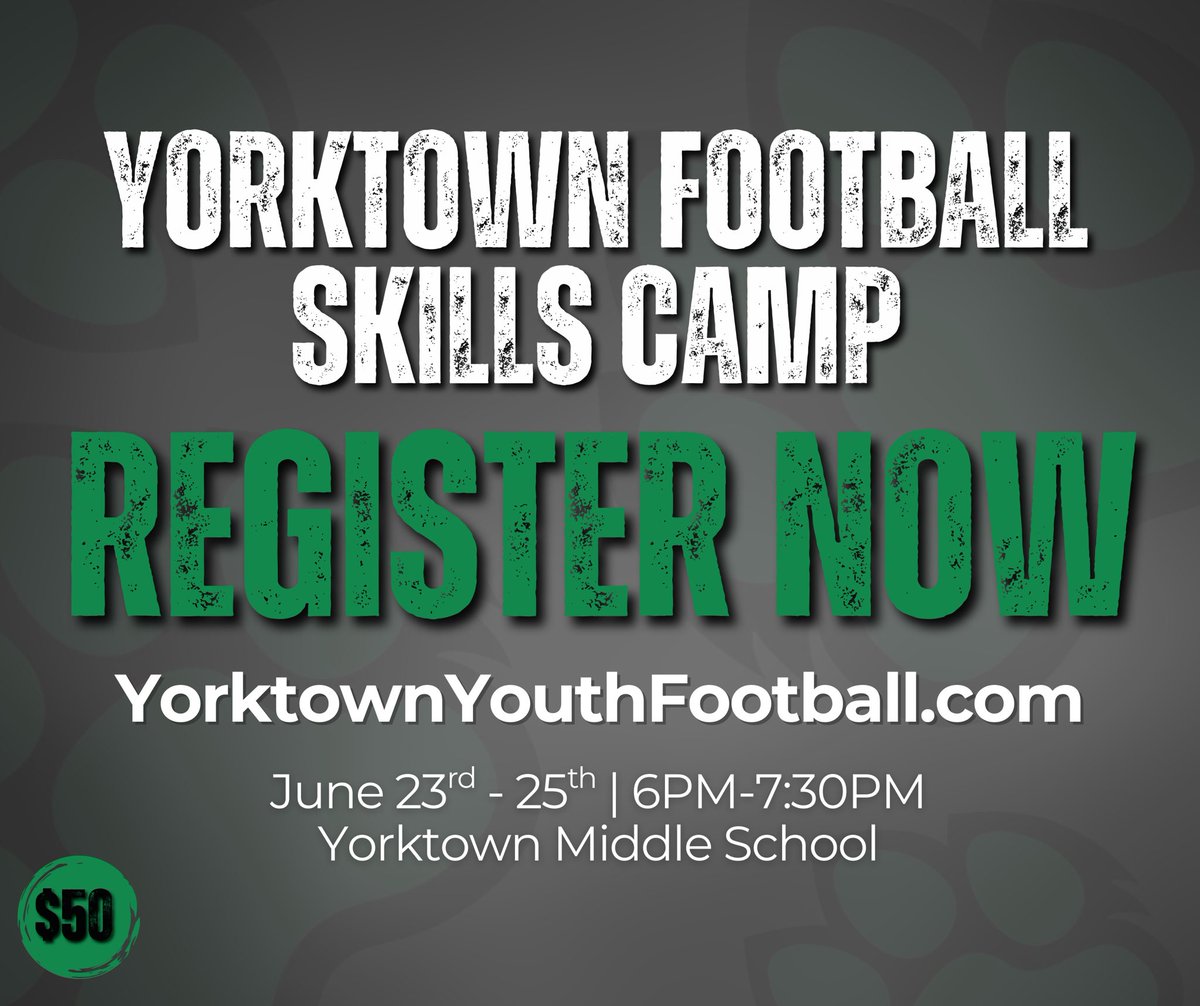 Yorktown Youth Football League (@yyflyorktown) on Twitter photo Registration is OPEN for the 2025 Yorktown Football Skills Camp!
June 23–25 | 6–7:30PM | $50
For kids 5yrs (by Aug 1) thru incoming 6th graders
Register by June 5 for a FREE camp shirt!
YorktownYouthFootball.com
<a href="/YorktownPigskin/">Yorktown Football</a> <a href="/YHSAthletics/">Yorktown Athletics</a> <a href="/YESYorktown/">Yorktown Elementary</a> <a href="/YorktownSupt/">YCS Superintendent</a> Registration is OPEN for the 2025 Yorktown Football Skills Camp!
June 23–25 | 6–7:30PM | $50
For kids 5yrs (by Aug 1) thru incoming 6th graders
Register by June 5 for a FREE camp shirt!
YorktownYouthFootball.com
<a href="/YorktownPigskin/">Yorktown Football</a> <a href="/YHSAthletics/">Yorktown Athletics</a> <a href="/YESYorktown/">Yorktown Elementary</a> <a href="/YorktownSupt/">YCS Superintendent</a>