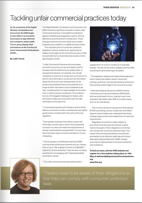 📢 Navigating the Digital Markets, Competition &amp; Consumers Act 2024 - Are you ready for the changes?

We're proud to feature in the May edition of Furniture News (page 81).📰 Read the article here: lnkd.in/dpZ28hRu

#DigitalMarketsAct #FHIO #FurnitureNews #regulatorychange