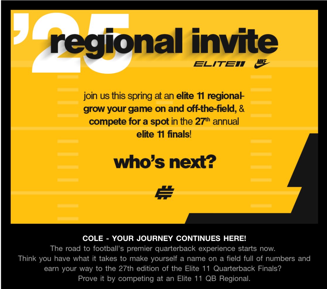 Cole Bricker (@colebricker1) on Twitter photo Excited to receive an invite to the 2025 <a href="/Elite11/">Elite11</a> Regional in State College. Looking forward to competing with the best in the country!
<a href="/Stumpf_Brian/">Brian Stumpf</a> <a href="/CoachTaggart14/">Tim Taggart</a> <a href="/FootballDwest/">DWest Football</a> Excited to receive an invite to the 2025 <a href="/Elite11/">Elite11</a> Regional in State College. Looking forward to competing with the best in the country!
<a href="/Stumpf_Brian/">Brian Stumpf</a> <a href="/CoachTaggart14/">Tim Taggart</a> <a href="/FootballDwest/">DWest Football</a>